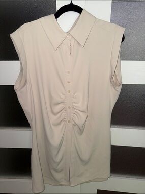 Joelle Collection “Serenity” Sleeveless Ruched-Front Collared Blouse - Cream
